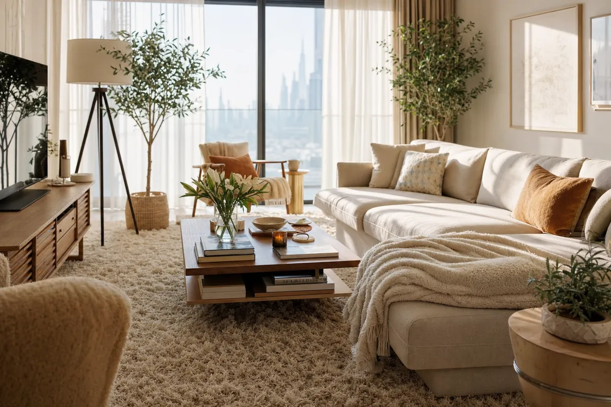Cosy shaggy living room carpet in cream beside a low sofa in a Dubai apartment