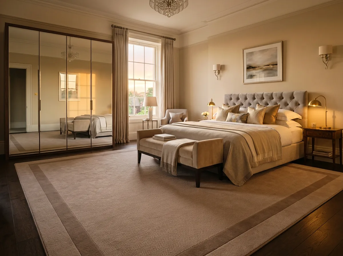 Custom bedroom carpet in Dubai with a tone on tone inset border design