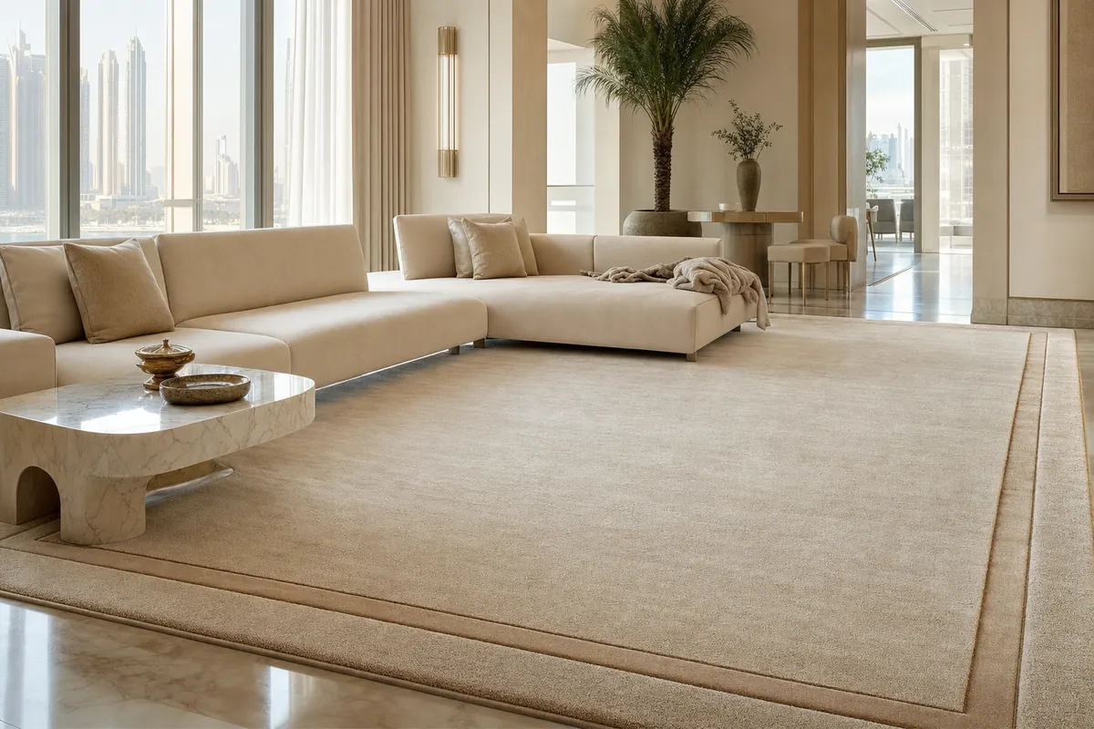 Custom living room carpet in Dubai with a tone on tone inset border design