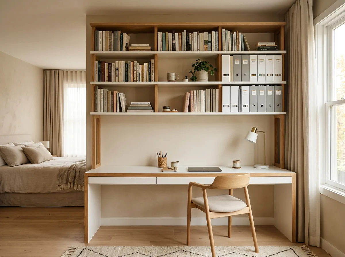 Custom study table in Dubai with overhead bookshelf unit along a bedroom wall