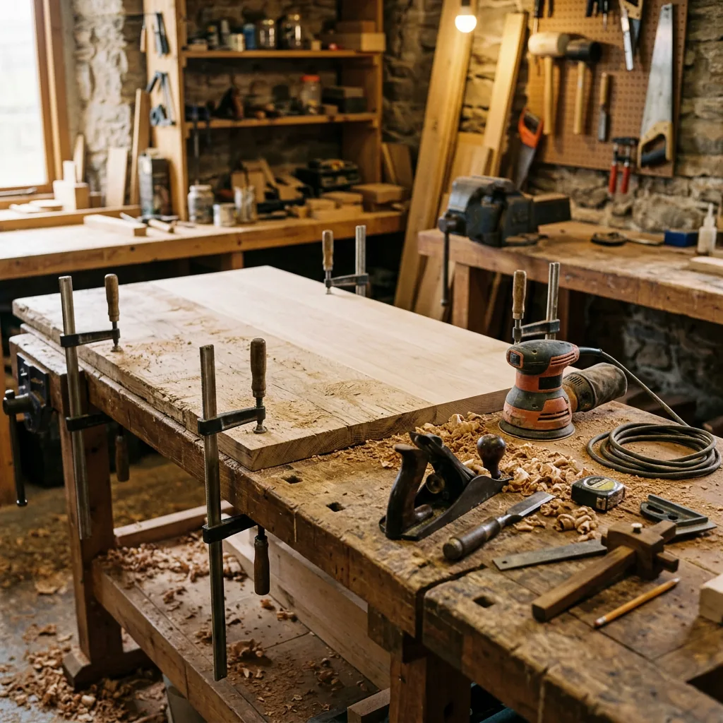 Custom study table top being sanded in a Dubai carpentry workshop