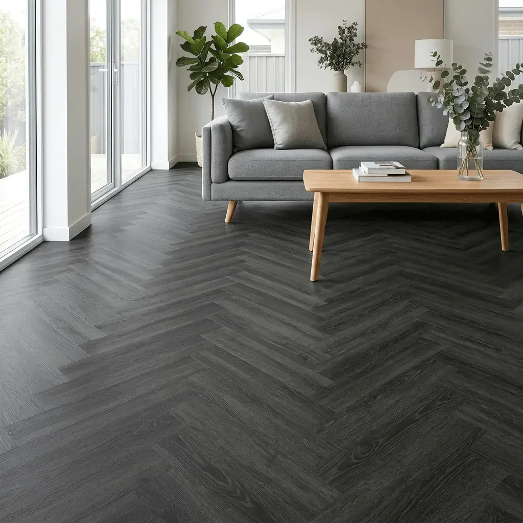 Dark Ebony Stained Parquet Floor Modern Interior Layout