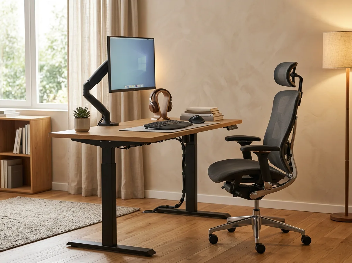 Ergonomic study table setup in the UAE with monitor at eye level and supportive chair