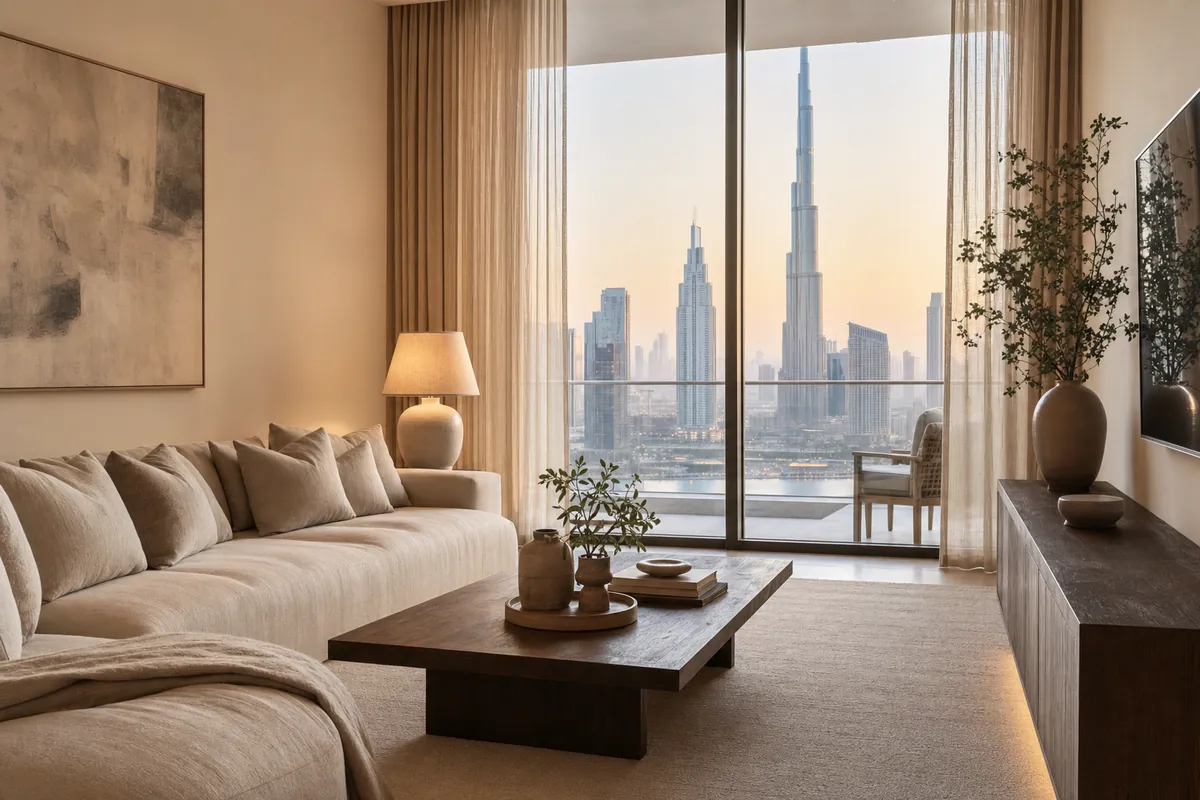 Living room carpet idea with greige carpet, linen sofa and warm lamp light in Dubai