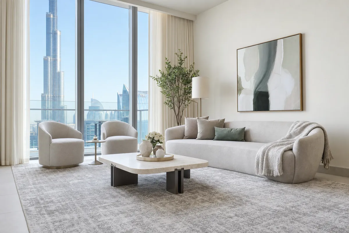 Soft grey patterned living room carpet with plain white walls in a modern Dubai apartment