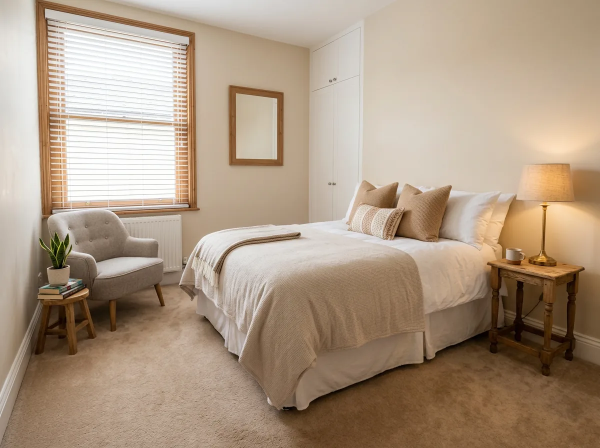Guest bedroom carpet in warm beige fitted in a compact bedroom