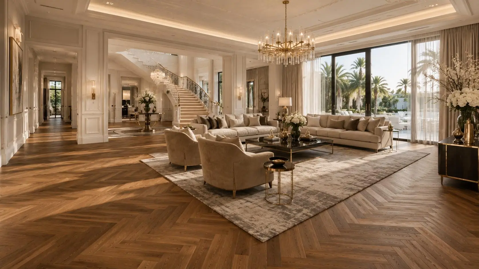 Solid wood flooring Dubai modern luxury living room installation