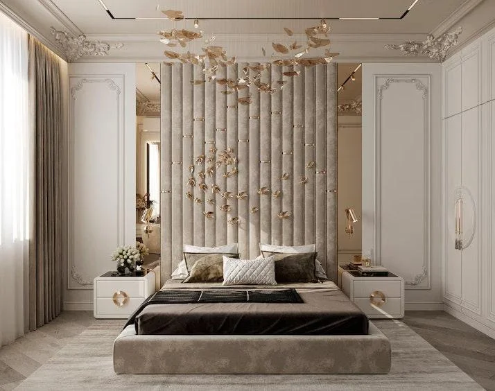 Custom upholstered bed close-up detail