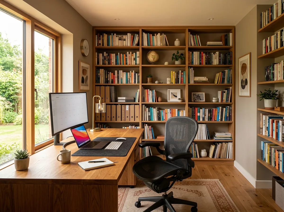 Home office study table in Dubai with large desktop, chair and book shelving
