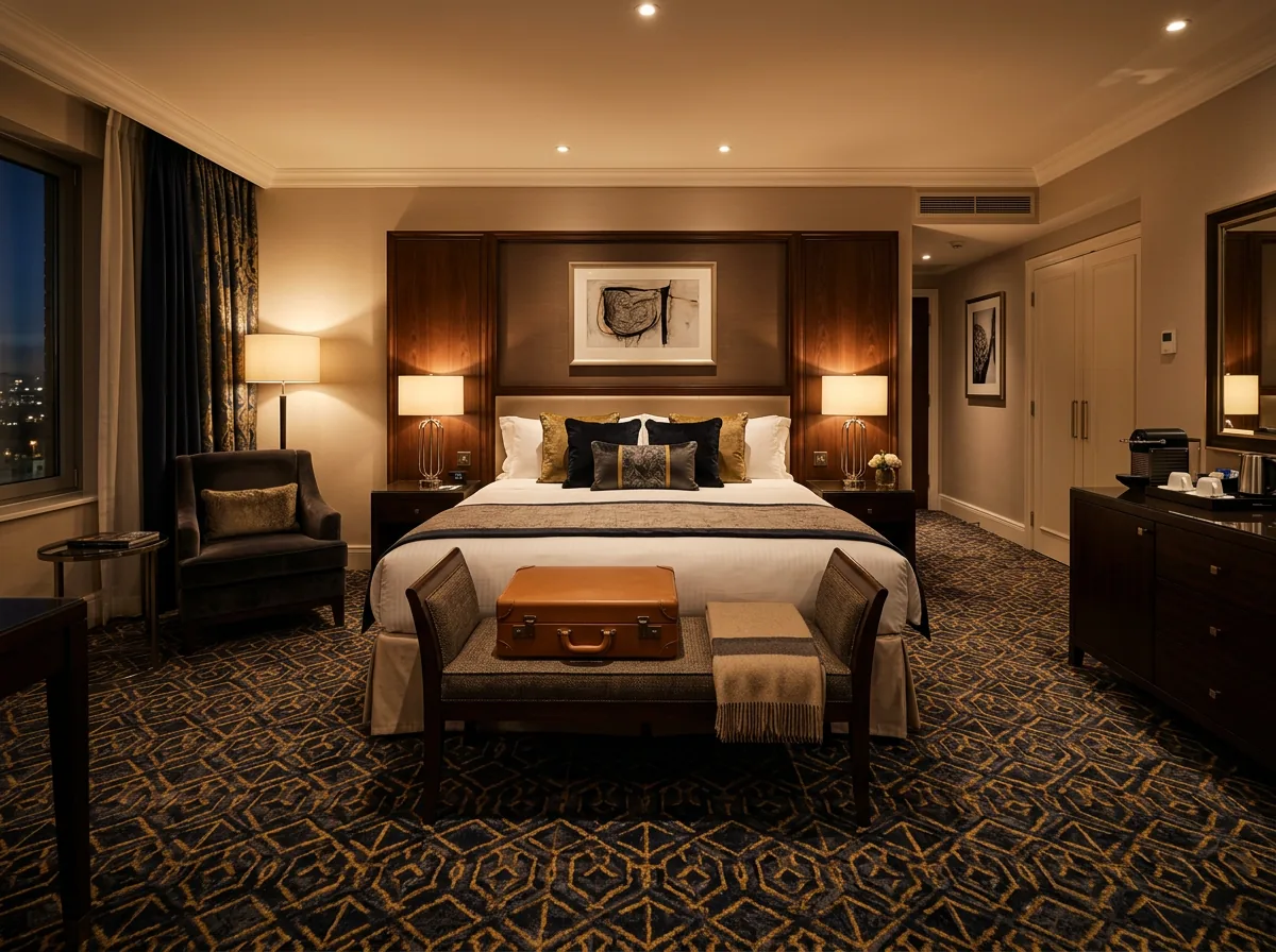 Hotel suite bedroom carpet with patterned dark finish in Dubai