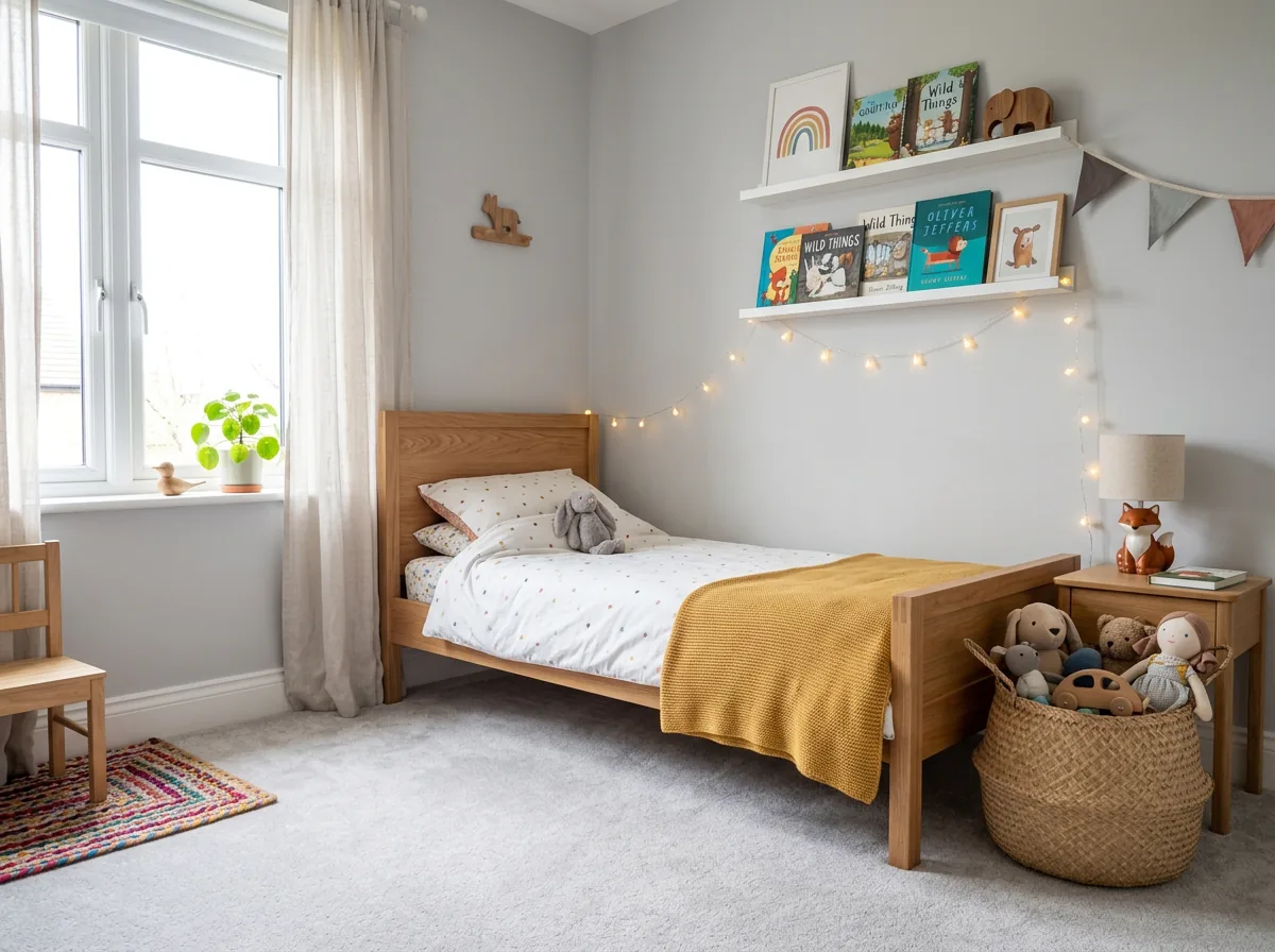 Kids bedroom carpet in light grey fitted wall to wall in a child bedroom