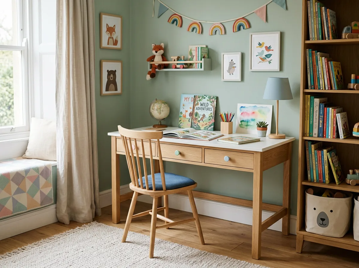 Kids study table and chair set in Dubai with storage drawers in a child bedroom