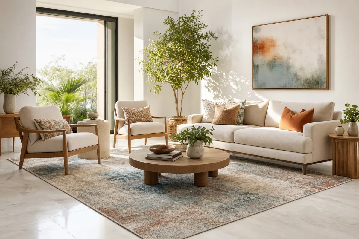 Large custom area rug defining the seating zone in a Dubai living room