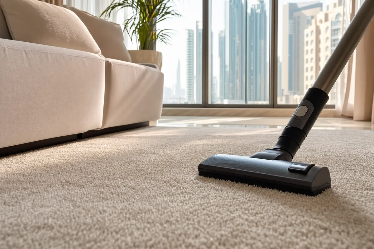 Vacuum cleaning a soft beige living room carpet in a Dubai apartment