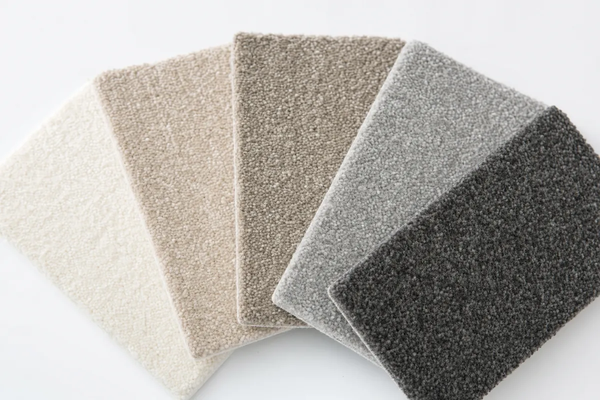 Living room carpet colour samples in cream, greige, taupe, grey and charcoal