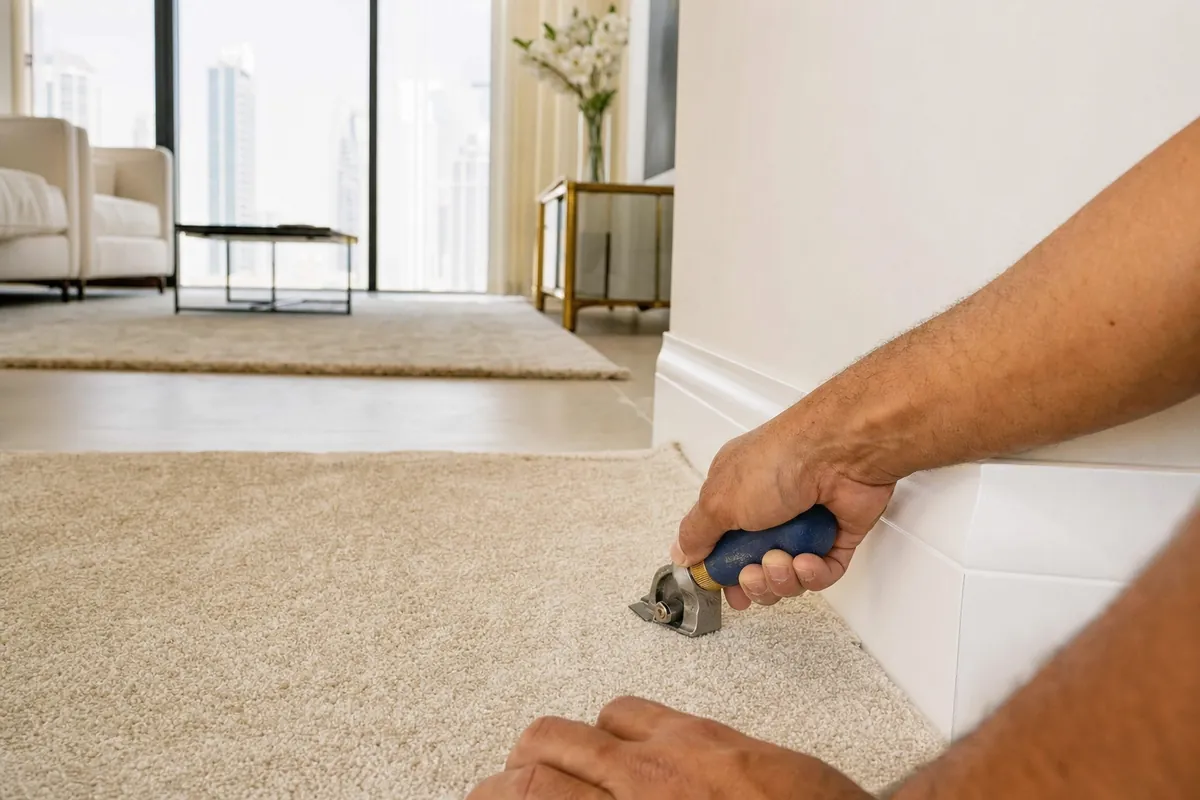 Living room carpet being trimmed neatly along the skirting board during fitting in Dubai
