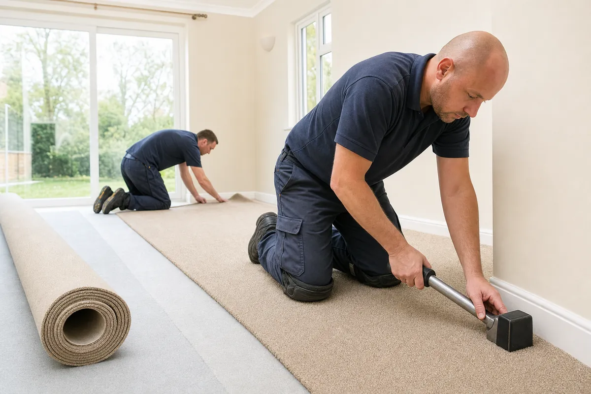 Living room carpet installation in progress in a bright Dubai apartment