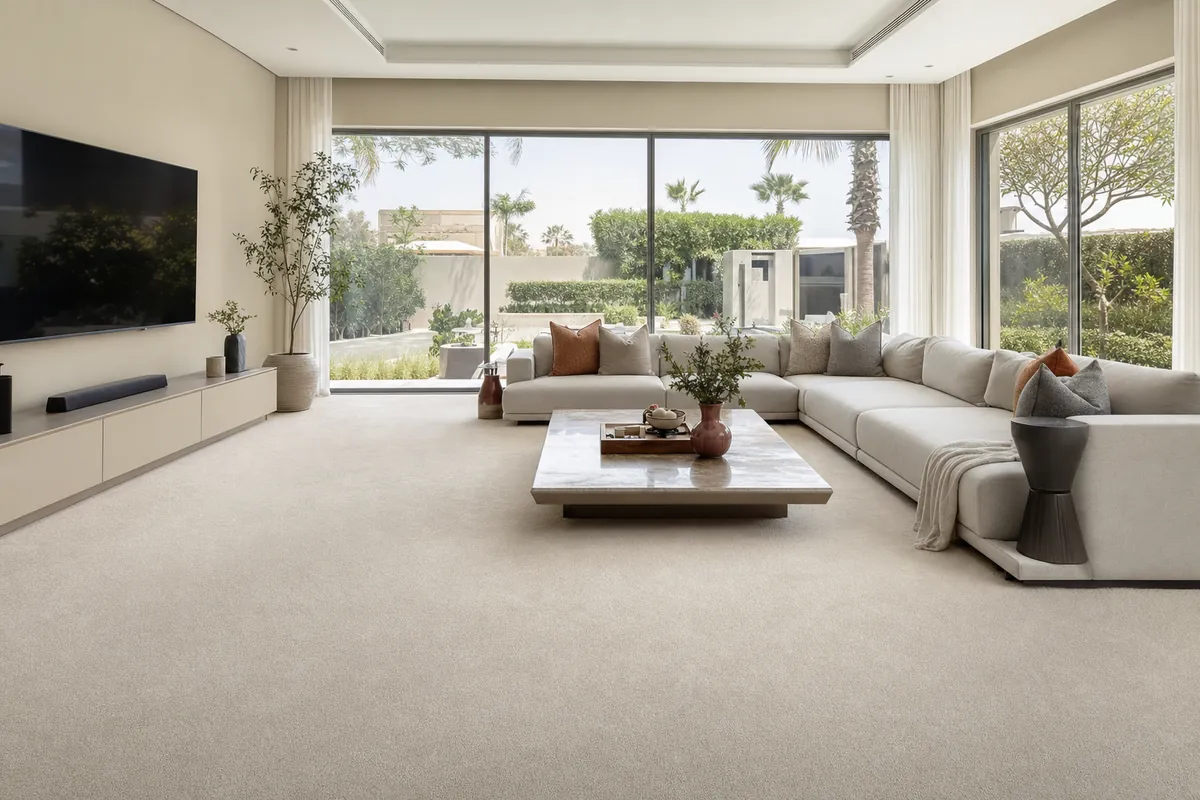 Completed living room carpet project in a Dubai family villa in soft sand colour