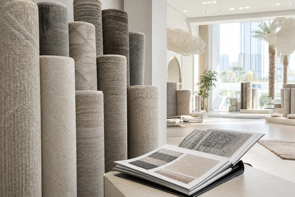 Rolls of living room carpet in cream, beige, taupe and grey in a Dubai showroom