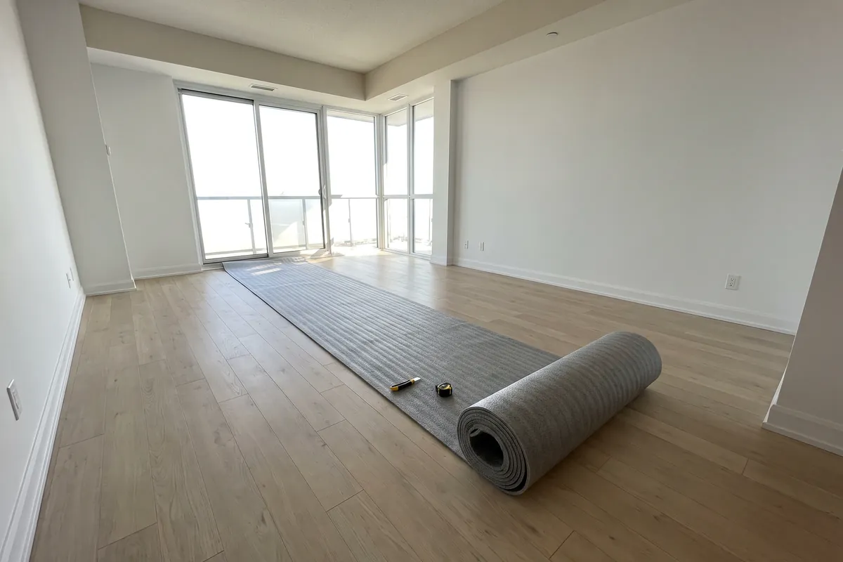Carpet underlay being laid across an empty Dubai living room floor before fitting