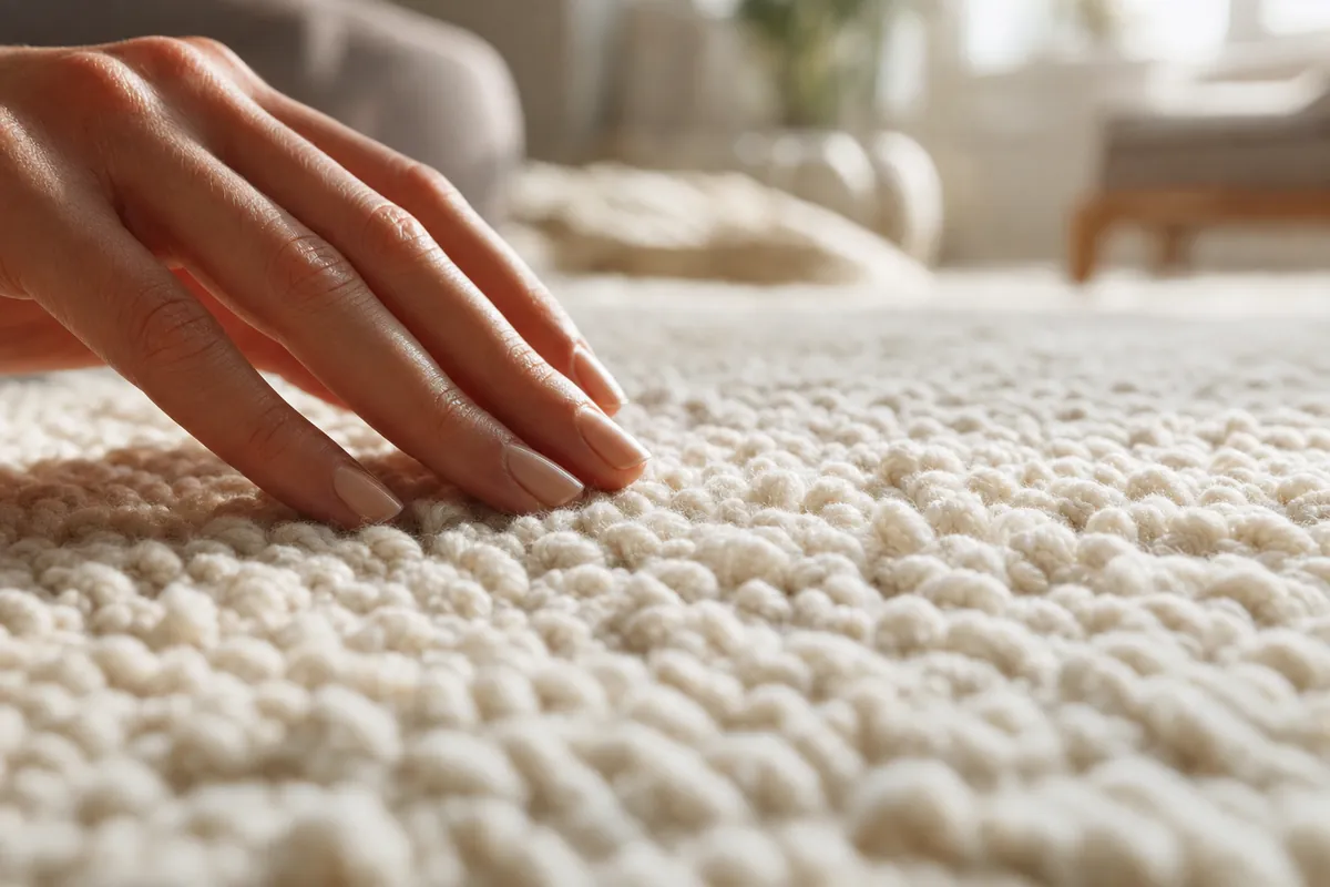 Close up of soft wool living room carpet pile texture in warm cream