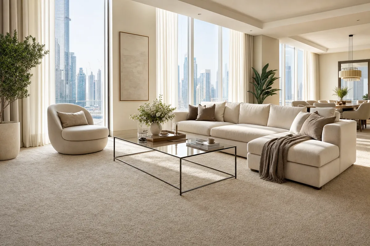 Living room carpets Dubai fitted wall to wall in a modern apartment lounge with city view