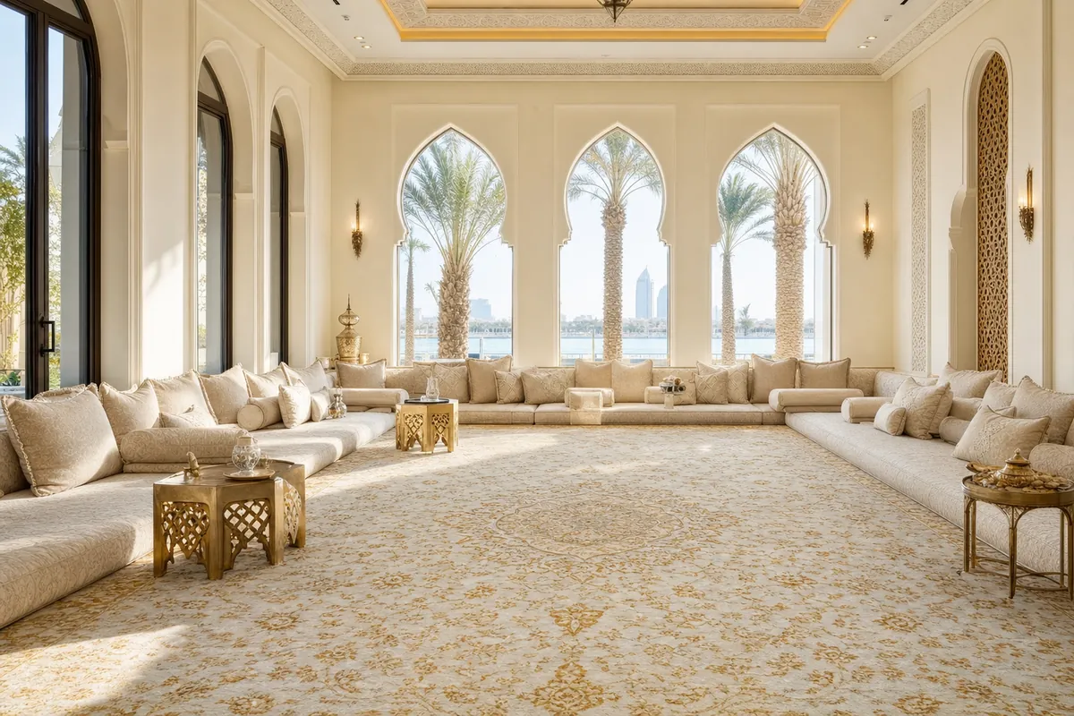Majlis carpet in a Dubai living room with floor seating and traditional arched windows
