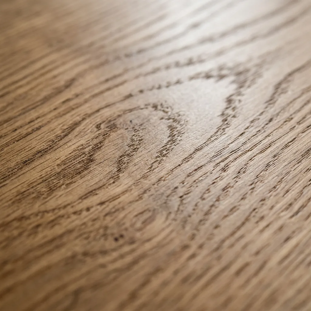 Close up of oak study table surface showing wood grain and matte lacquer