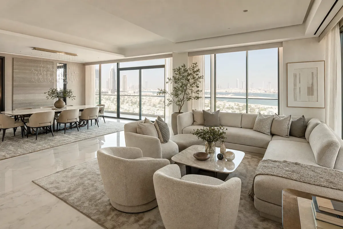 Open plan living and dining space in Dubai with separate carpets marking each zone