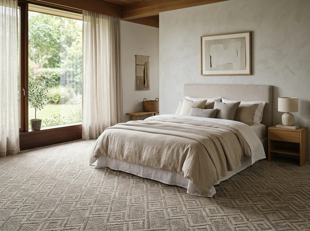 Patterned loop pile bedroom carpet in beige and grey geometric design