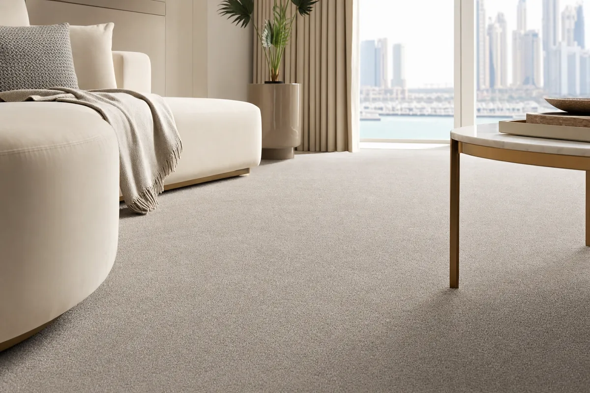 Plush cut pile living room carpet in soft taupe covering a bright Dubai lounge floor