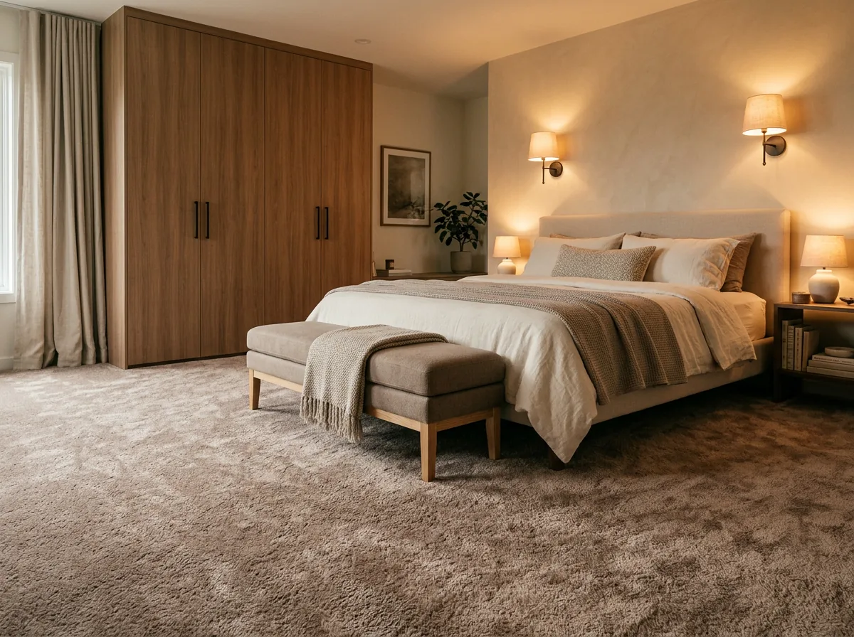Plush cut pile bedroom carpet in taupe covering a modern bedroom floor