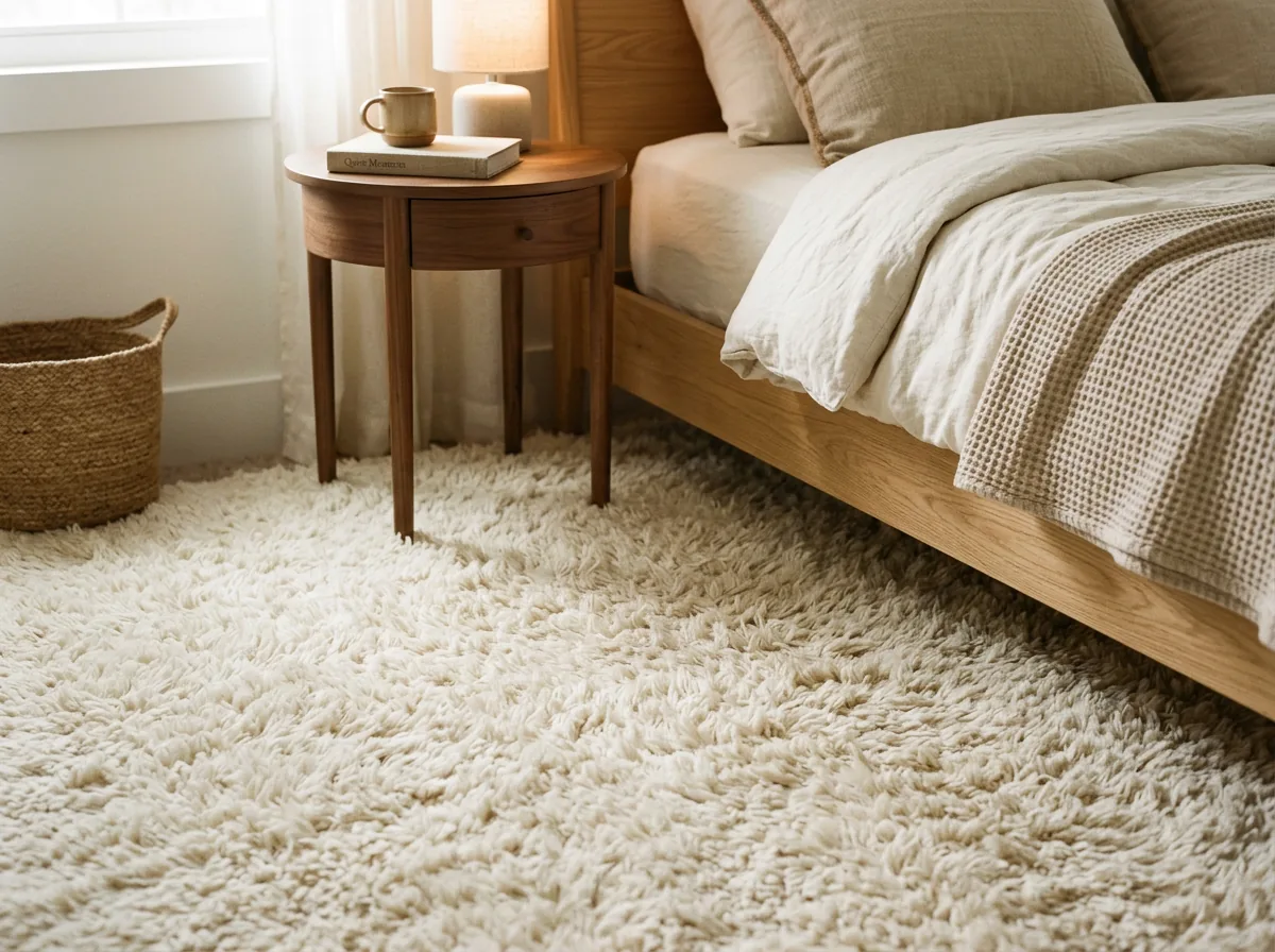 Soft shaggy bedroom carpet in cream fitted beside a low bed