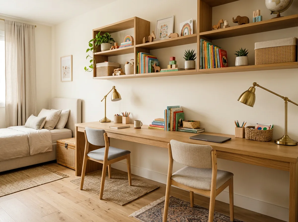 Shared study table for two children with long desktop and open shelving in Dubai