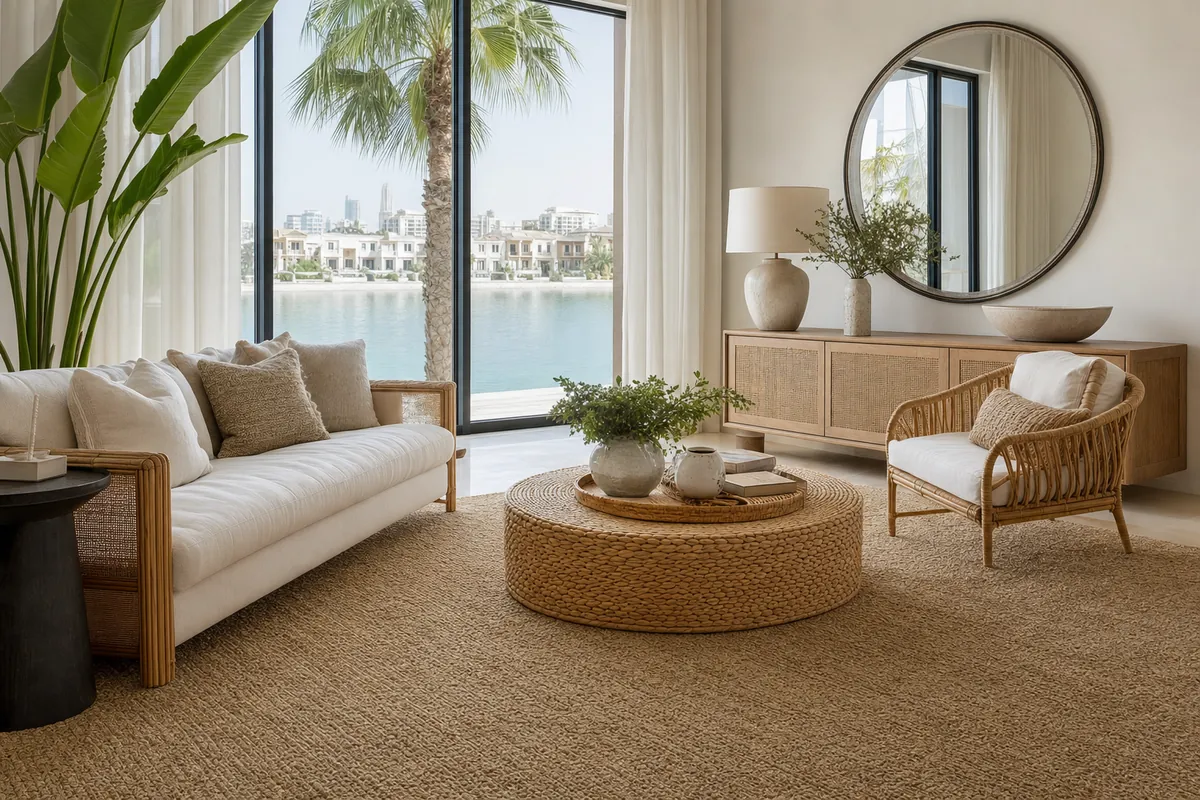Natural sisal and jute living room carpet in warm sand tone in a coastal style Dubai lounge