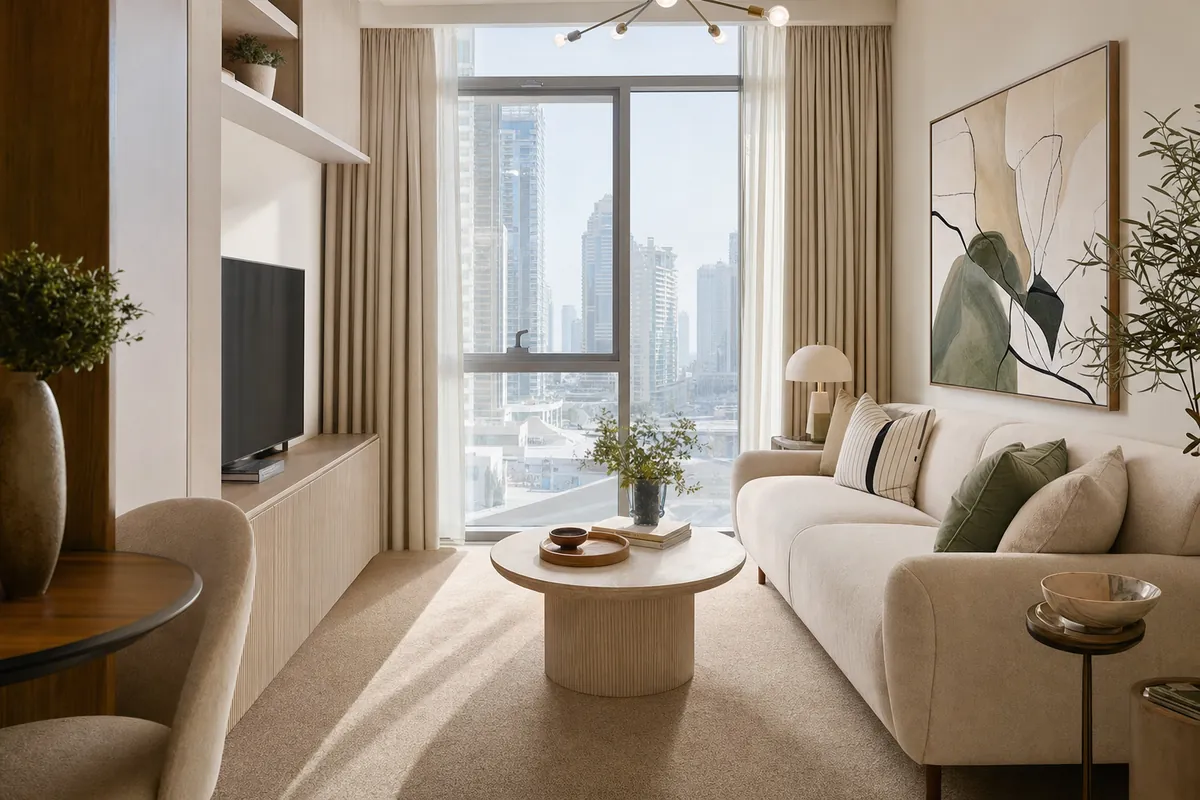 Living room carpet idea for a small Dubai apartment lounge in one tone warm beige