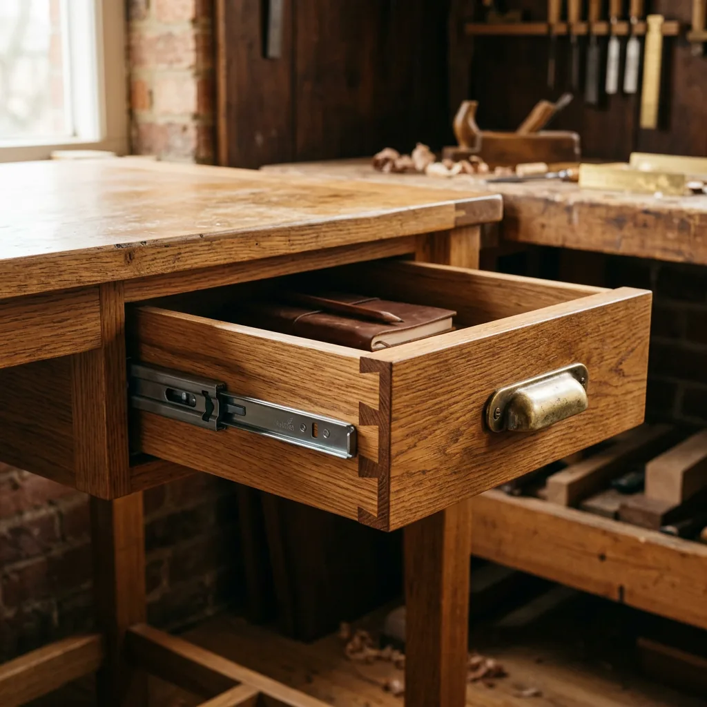 Soft close drawer runner and brass handle detail on a study table drawer