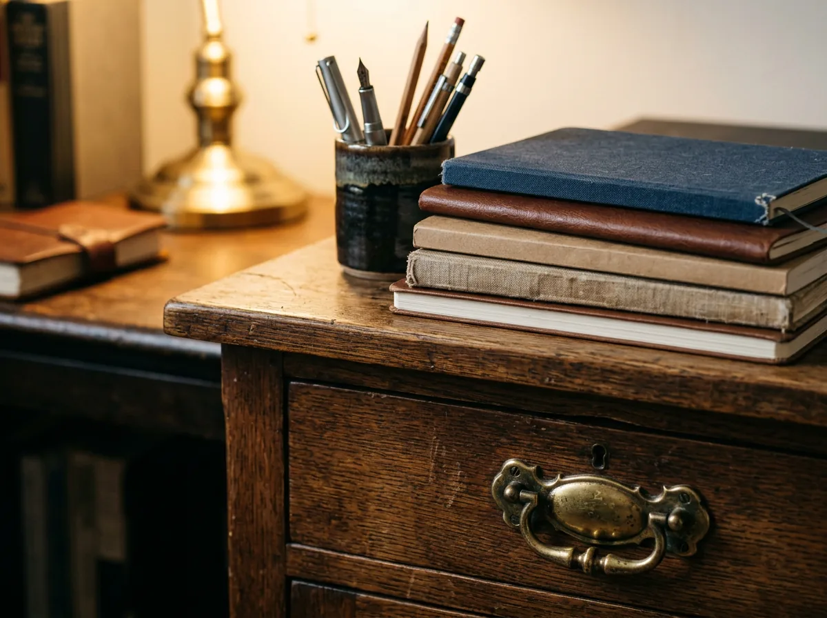 Close up of a study table drawer handle and wooden desk top finish
