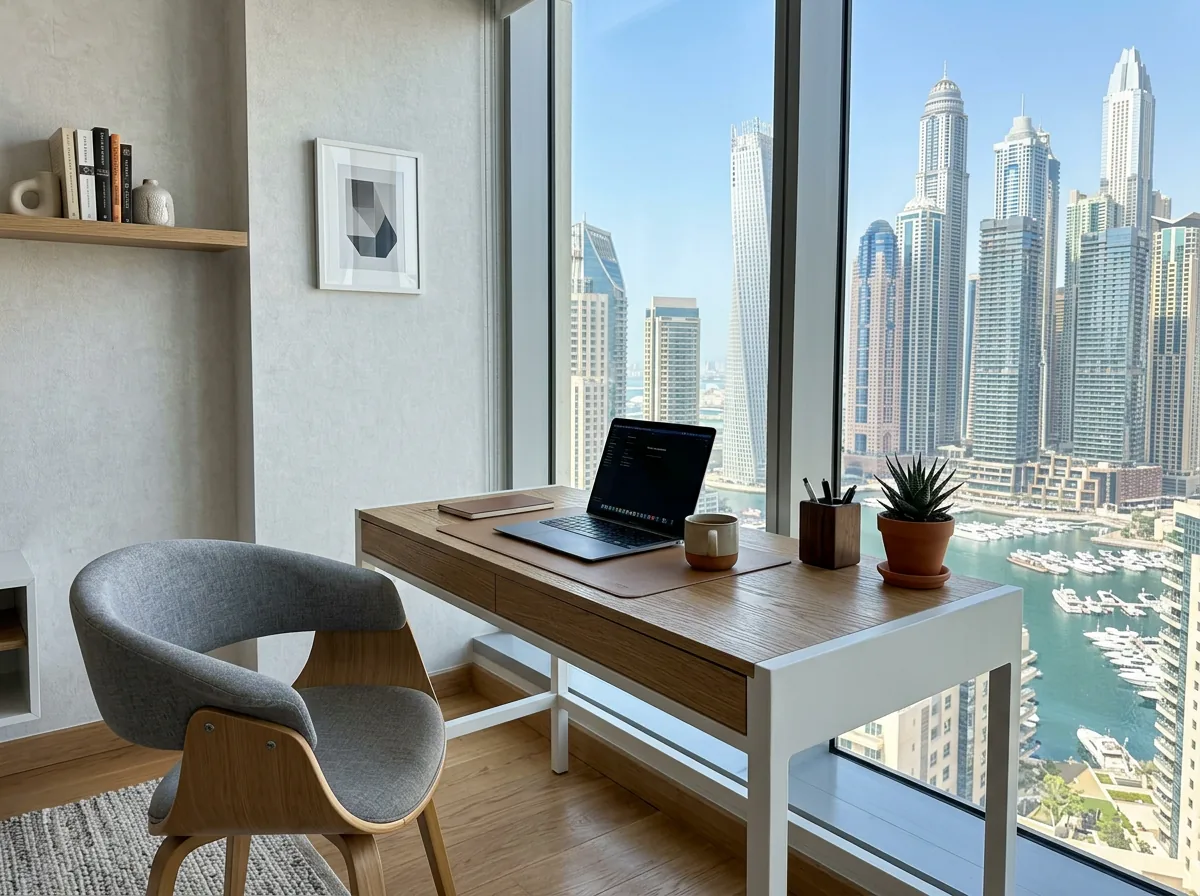 Modern minimal study table design in a Dubai Marina apartment with city view