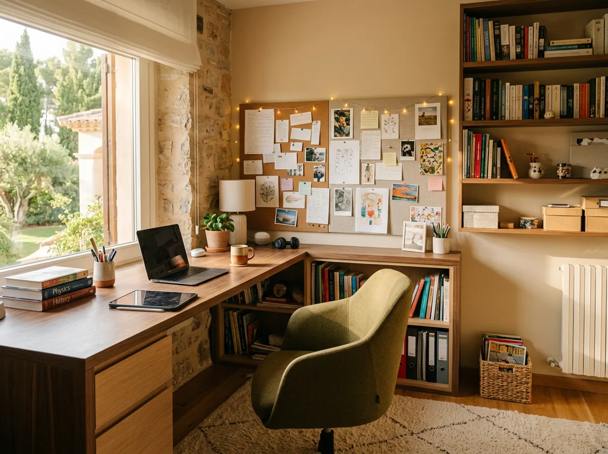 Classic wooden study table design with bookshelf wall in a Dubai villa study room