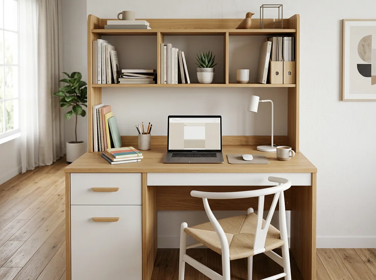 Study table with bookshelf hutch above the desktop in a modern Dubai room