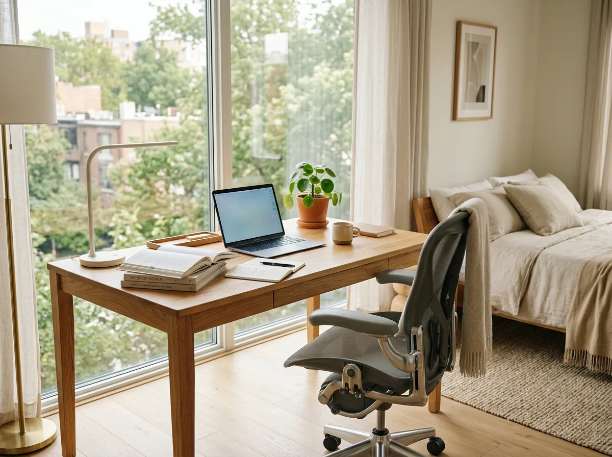 Modern wooden study table in Dubai with ergonomic chair and desk lamp