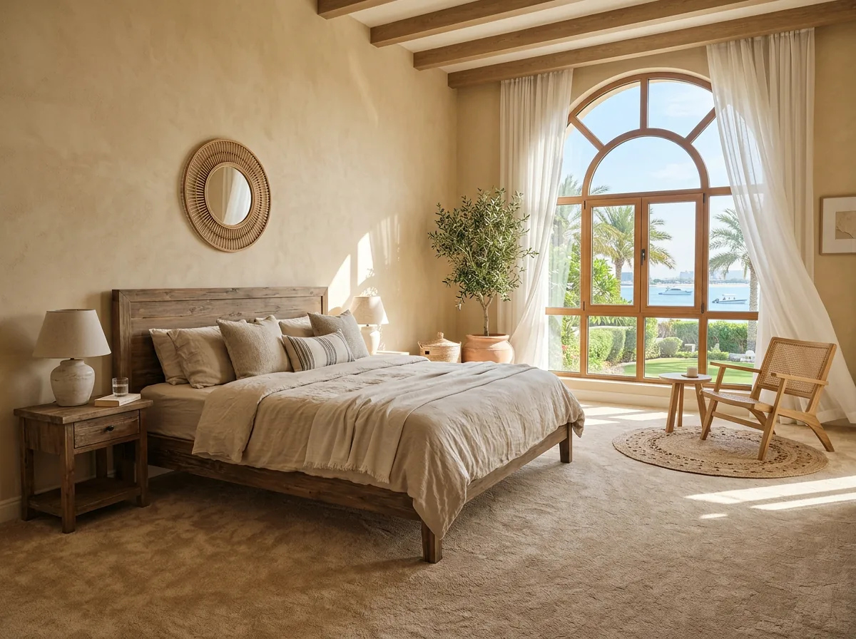 Wall to wall bedroom carpet in a Dubai villa bedroom with arched window