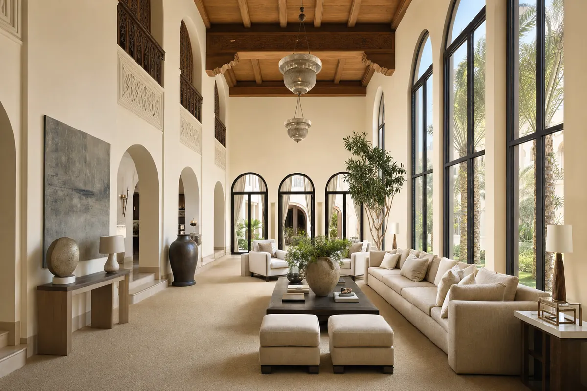 Villa living room carpet in warm sand tone fitted across a large Dubai reception hall