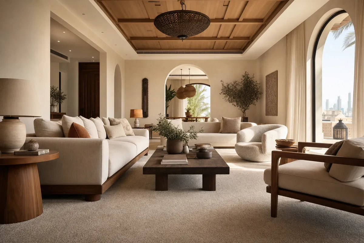 Warm neutral wall to wall carpet in a Dubai villa living room with a wooden ceiling