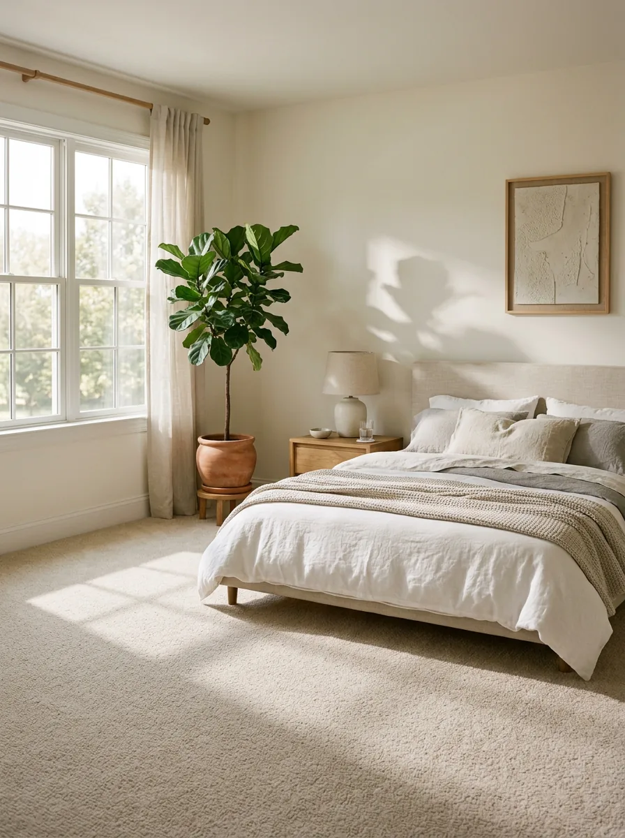Neutral bedroom with seamless soft carpet and morning light