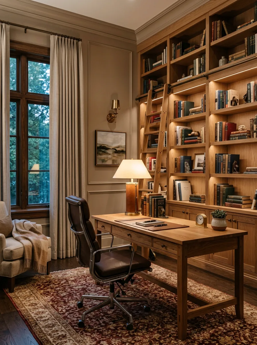 Finished custom study room with oak study table by Risala Furniture Dubai