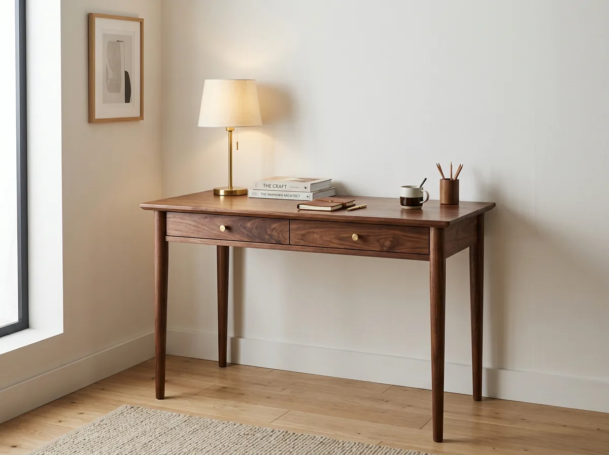 Wooden study table in Dubai with two drawers and walnut finish