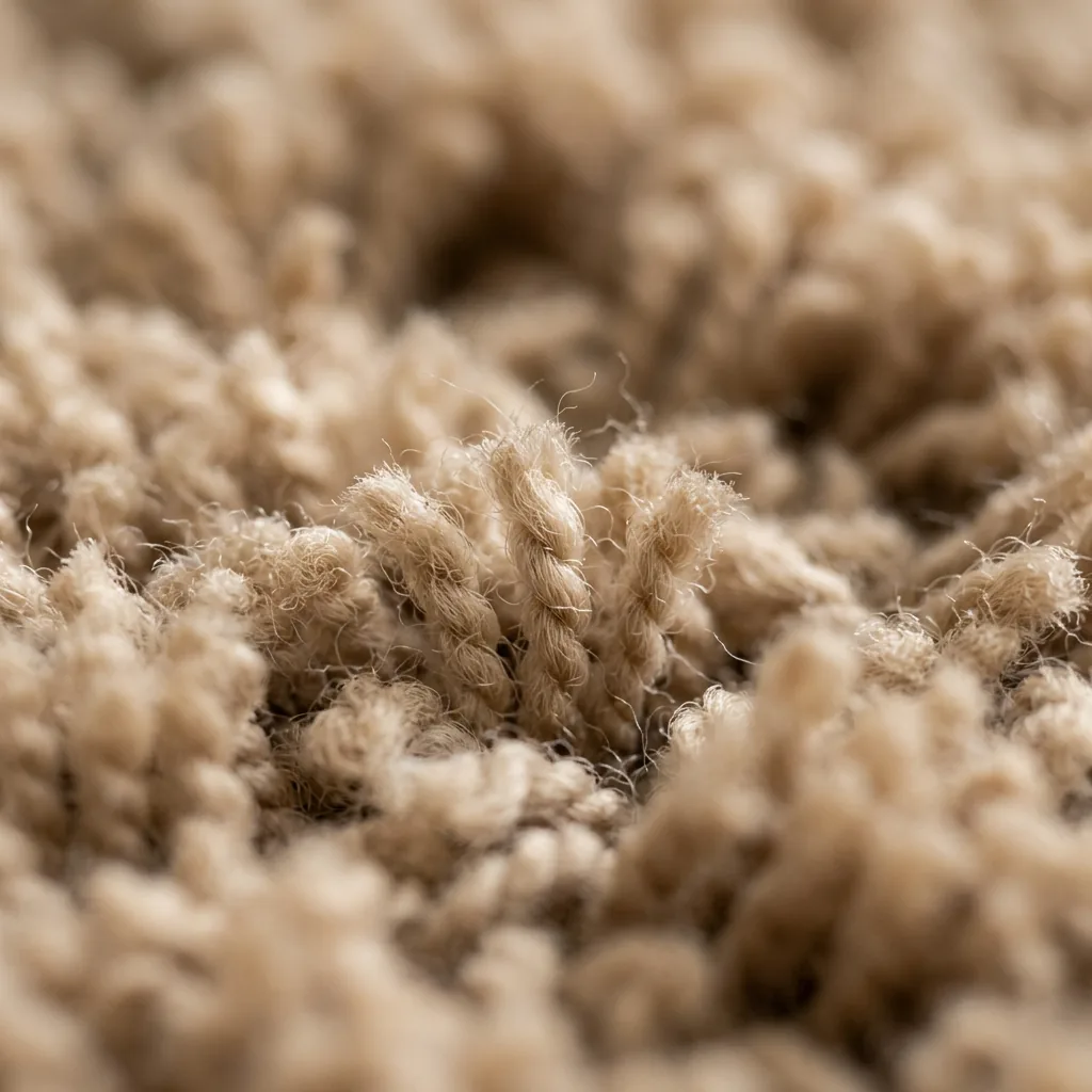 Macro view of wool bedroom carpet fibres showing pile texture