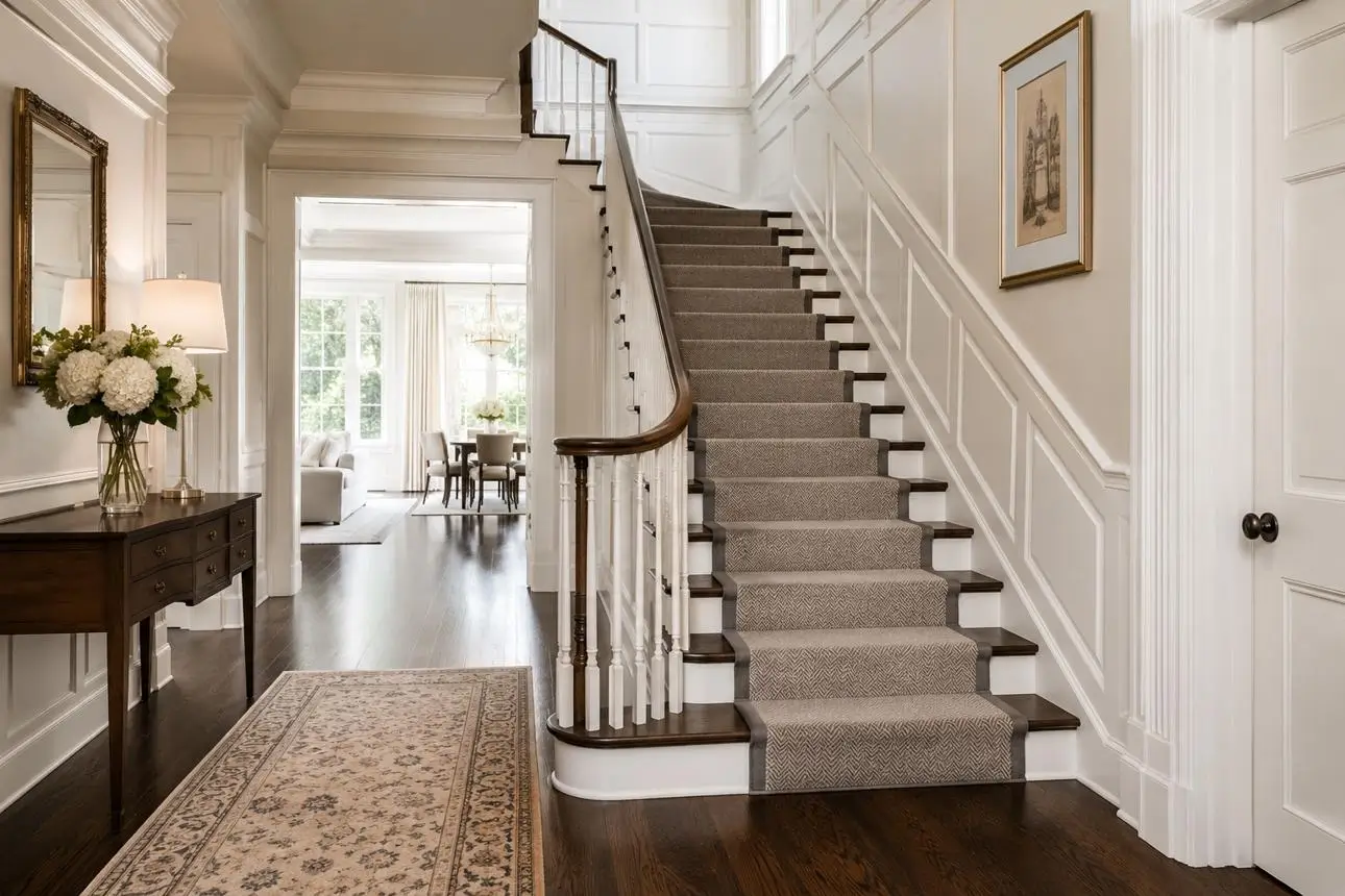 Luxury staircase with custom carpet runner in Dubai